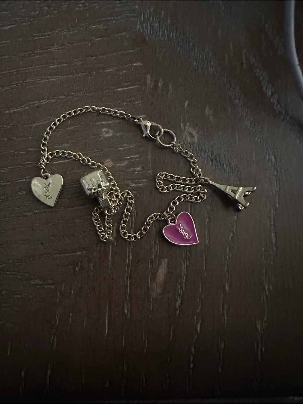 Yves Saint Laurent Gold Charm Bracelet/ Bag Charm with Pink Enamel Heart